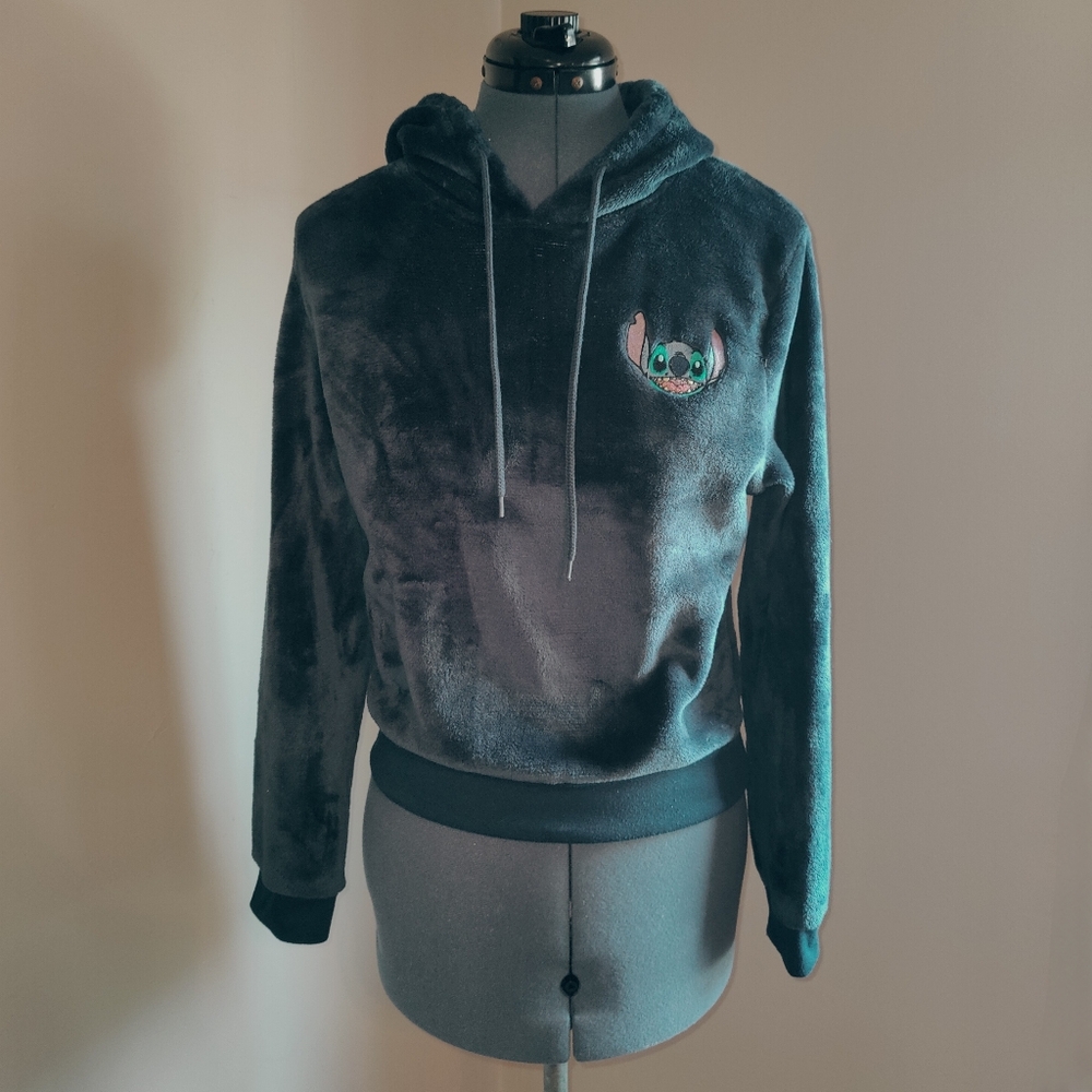 DISNEY LILO & STITCH Navy Blue Fuzzy Cropped Hoodie